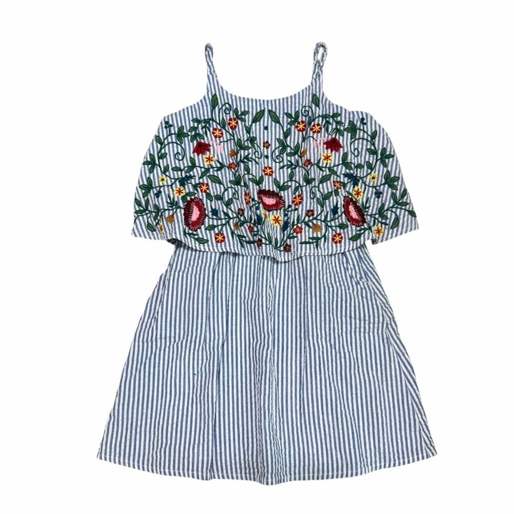 Tucker + Tate Girls‎ Seersucker Embroidered Popover Dress | Blue/White | Size 6